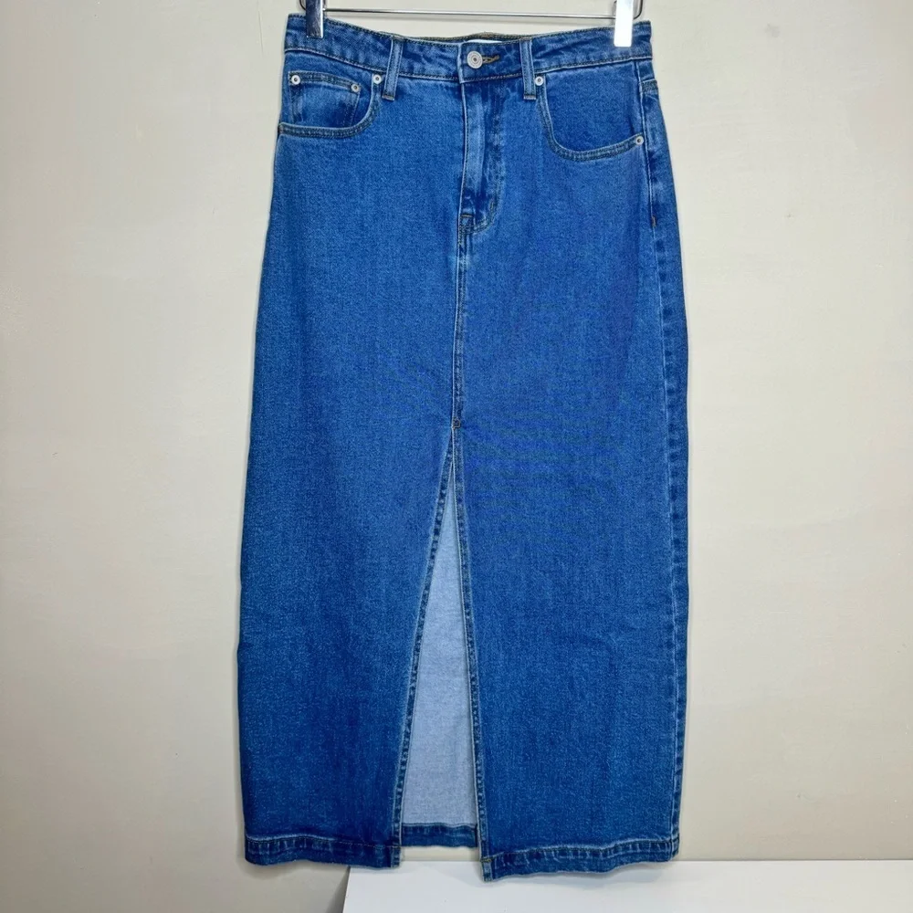Steve Madden Avani Front-Slit Denim Midi Skirt size small